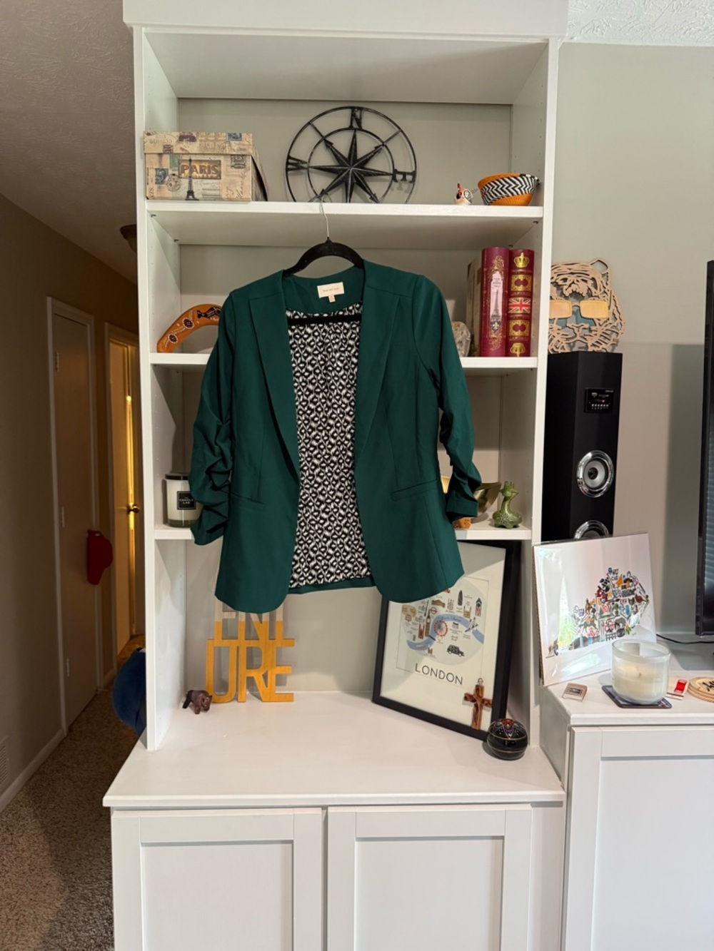 Skies Are Blue Forest Green Open-Front Blazer with Ruched Sleeves